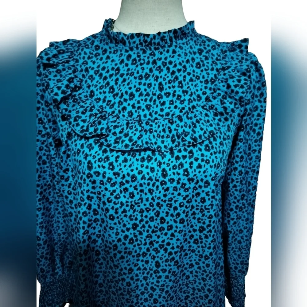 2461) New Look Blue Leopard Print Frill Smock Dress Size 10